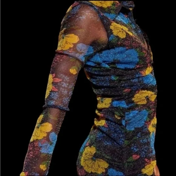 Urban Outfitters Metallic Mesh Mini Dress Small Whimsygoth Y2K Floral Cinched - Picture 1 of 8